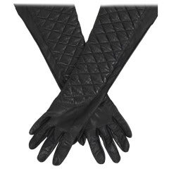 CHANEL Black Leather Quilt Stitched Opera Gloves, Size 7.5
