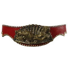 Cesar Ugarte 1980s Goddess Brass & Rhinestone Belt Buckle w/ Two Leather Straps