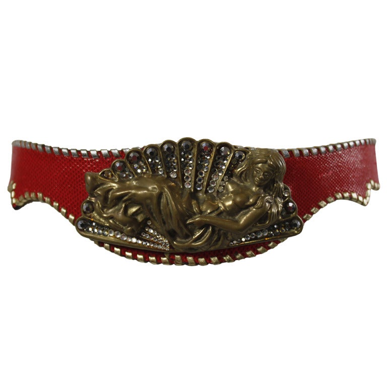 Cesar Ugarte 1980s Goddess Brass & Rhinestone Belt Buckle w/ Two Leather Straps For Sale