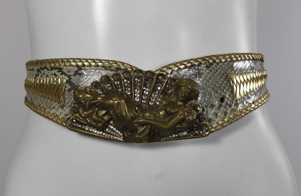 Women's Cesar Ugarte 1980s Goddess Brass & Rhinestone Belt Buckle w/ Two Leather Straps For Sale