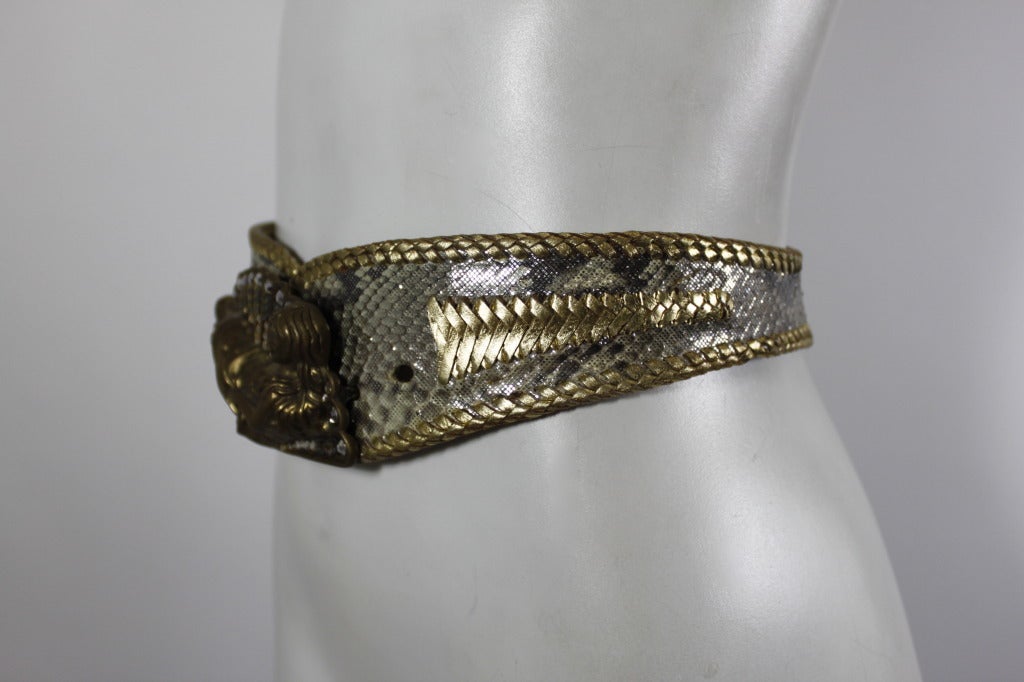 Cesar Ugarte 1980s Goddess Brass & Rhinestone Belt Buckle w/ Two Leather Straps For Sale 1