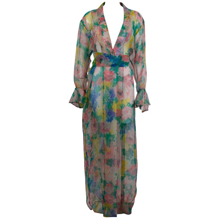 Galanos 1970s Chiffon Watercolor Floral Sheer Caftan with Belt For Sale