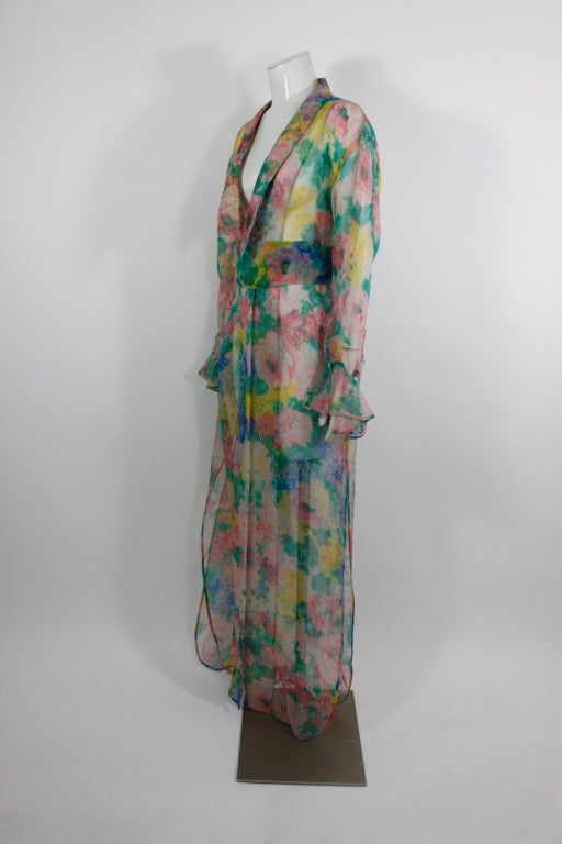 Gray Galanos 1970s Chiffon Watercolor Floral Sheer Caftan with Belt For Sale