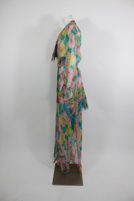 Galanos 1970s Chiffon Watercolor Floral Sheer Caftan with Belt In Excellent Condition For Sale In Los Angeles, CA
