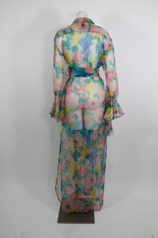 Women's Galanos 1970s Chiffon Watercolor Floral Sheer Caftan with Belt For Sale