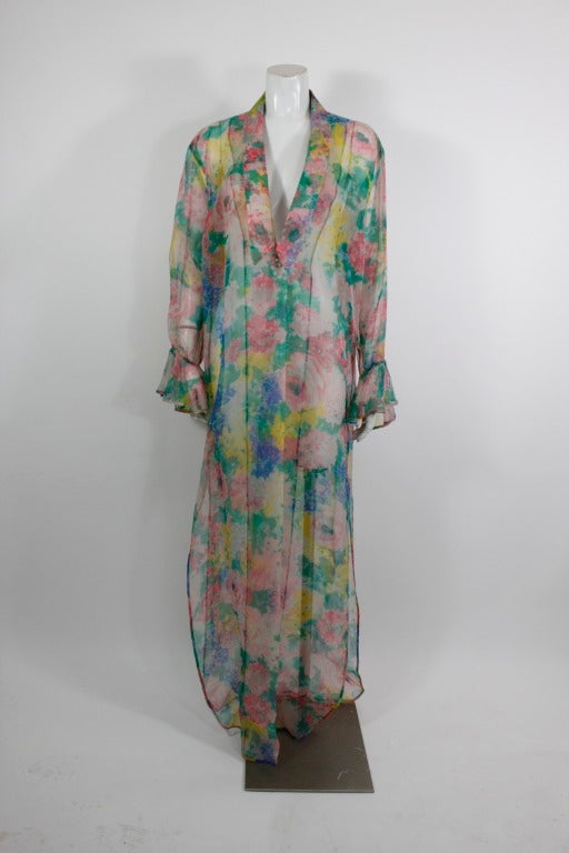Galanos 1970s Chiffon Watercolor Floral Sheer Caftan with Belt For Sale 1