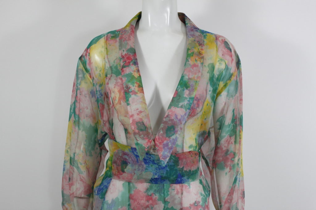 Galanos 1970s Chiffon Watercolor Floral Sheer Caftan with Belt For Sale 2
