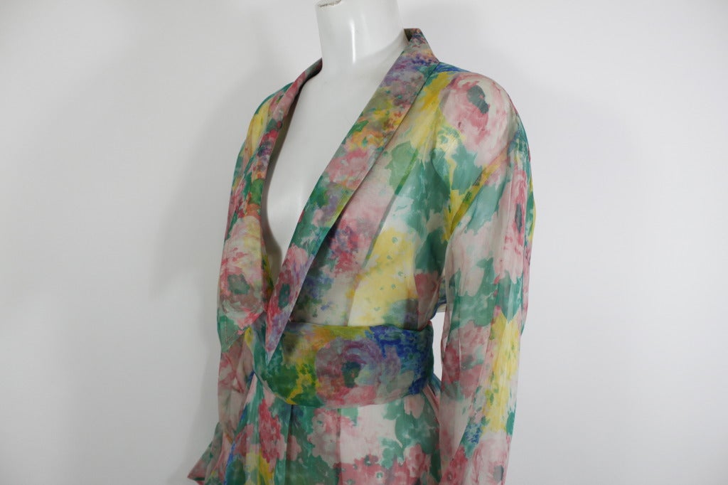 Galanos 1970s Chiffon Watercolor Floral Sheer Caftan with Belt For Sale 3
