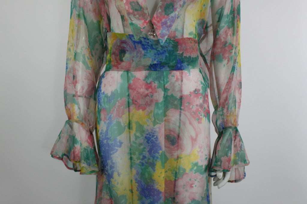 Galanos 1970s Chiffon Watercolor Floral Sheer Caftan with Belt For Sale 4