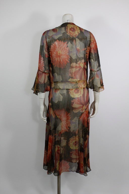 1930s Soft Floral Lamé Garden Dress with Ruffled Sleeve 1