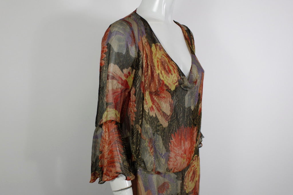 1930s Soft Floral Lamé Garden Dress with Ruffled Sleeve 3
