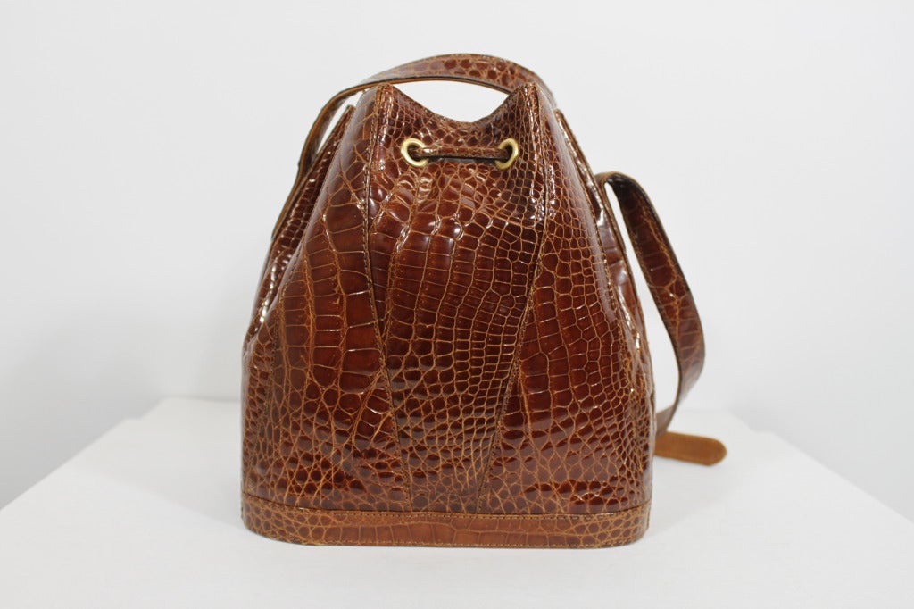 Siso Italian Rich Brown Crocodile Bucket Bag In Excellent Condition In Los Angeles, CA