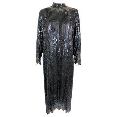 Halston 1980s Iridescent Sequin Evening Dress with Asymmetric Hem