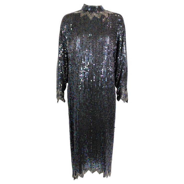 Halston 1980s Iridescent Sequin Evening Dress with Asymmetric Hem For Sale