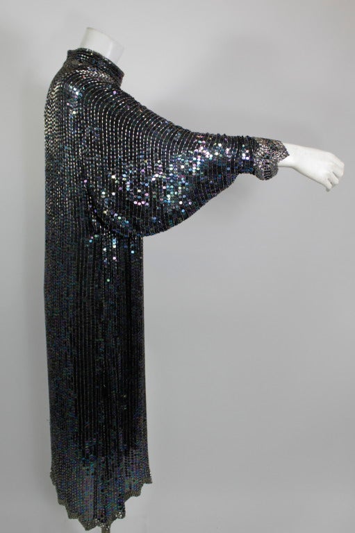 Black Halston 1980s Iridescent Sequin Evening Dress with Asymmetric Hem For Sale