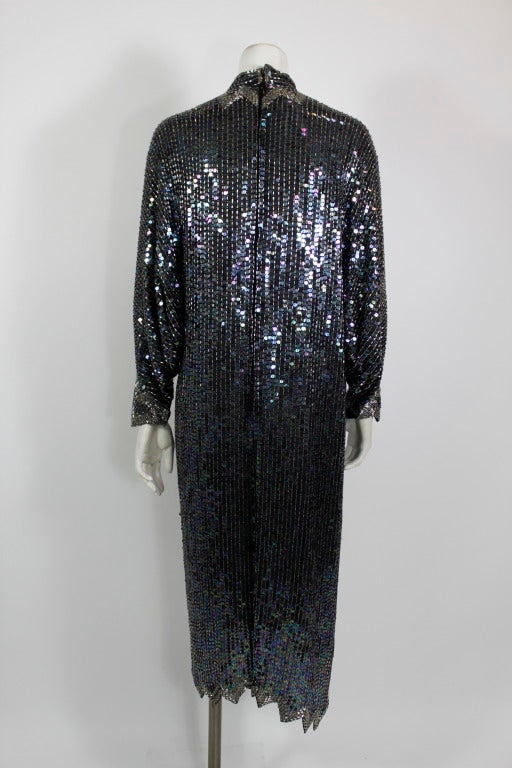 Halston 1980s Iridescent Sequin Evening Dress with Asymmetric Hem In Excellent Condition For Sale In Los Angeles, CA