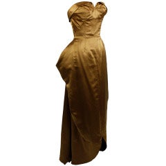 1950s Glimmering Copper Strapless Satin Architectural Gown