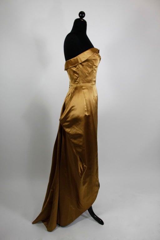 Brown 1950s Glimmering Copper Strapless Satin Architectural Gown