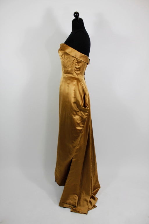 1950s Glimmering Copper Strapless Satin Architectural Gown In Excellent Condition In Los Angeles, CA