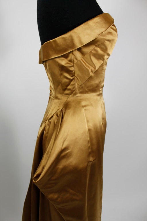 1950s Glimmering Copper Strapless Satin Architectural Gown 1