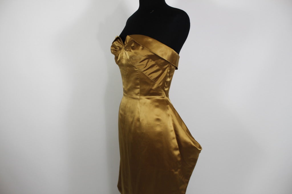 1950s Glimmering Copper Strapless Satin Architectural Gown 2