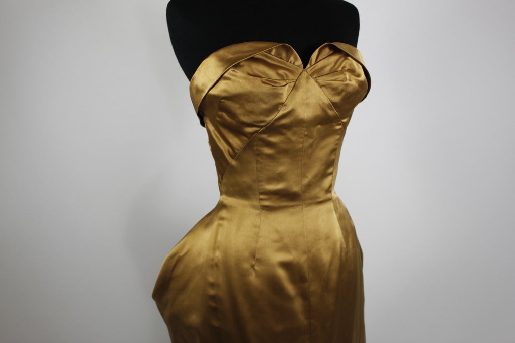 1950s Glimmering Copper Strapless Satin Architectural Gown 3