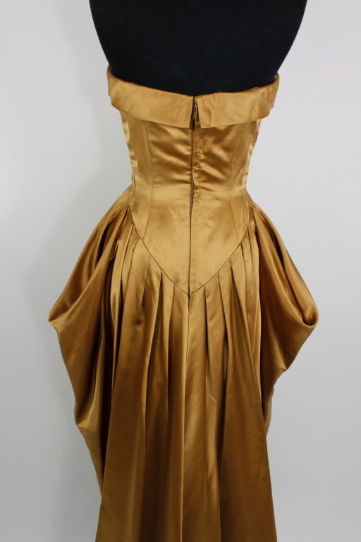 1950s Glimmering Copper Strapless Satin Architectural Gown 4
