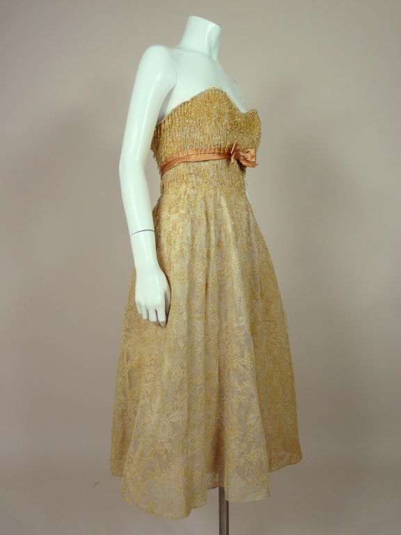 1950s Gold Beaded Lace Cocktail Dress