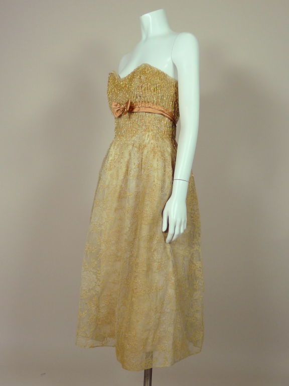 1950s Gold Beaded Lace Cocktail Dress In Excellent Condition For Sale In Los Angeles, CA