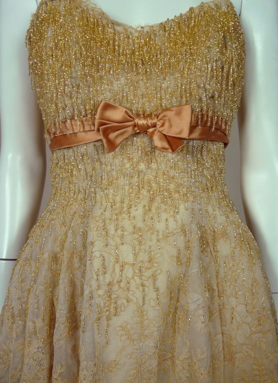 Women's 1950s Gold Beaded Lace Cocktail Dress For Sale