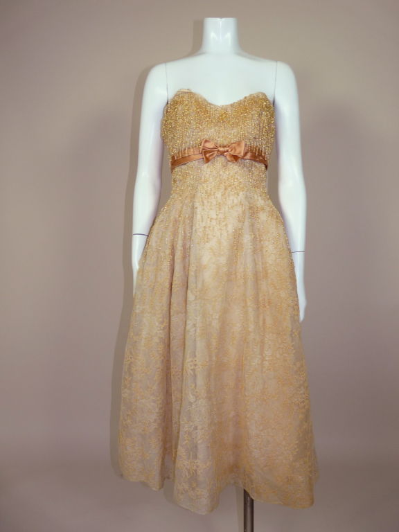 1950s Gold Beaded Lace Cocktail Dress For Sale 2