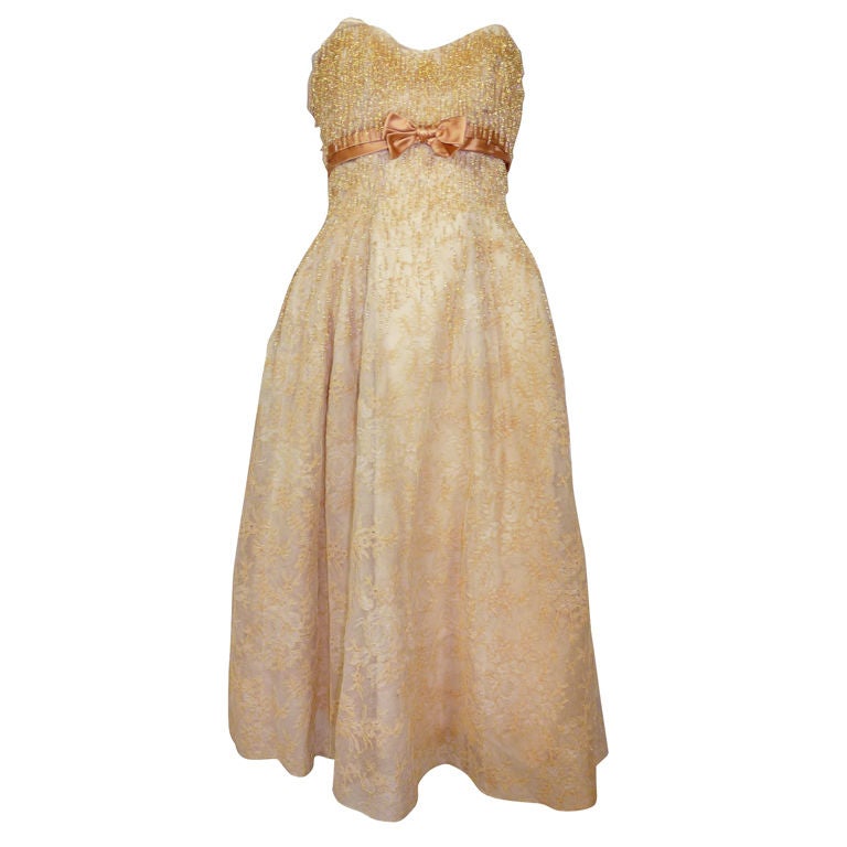 1950s Gold Beaded Lace Cocktail Dress For Sale