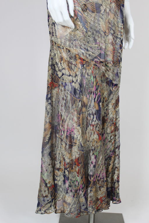 1920's Blue Floral French Silk Lamé Gown 1