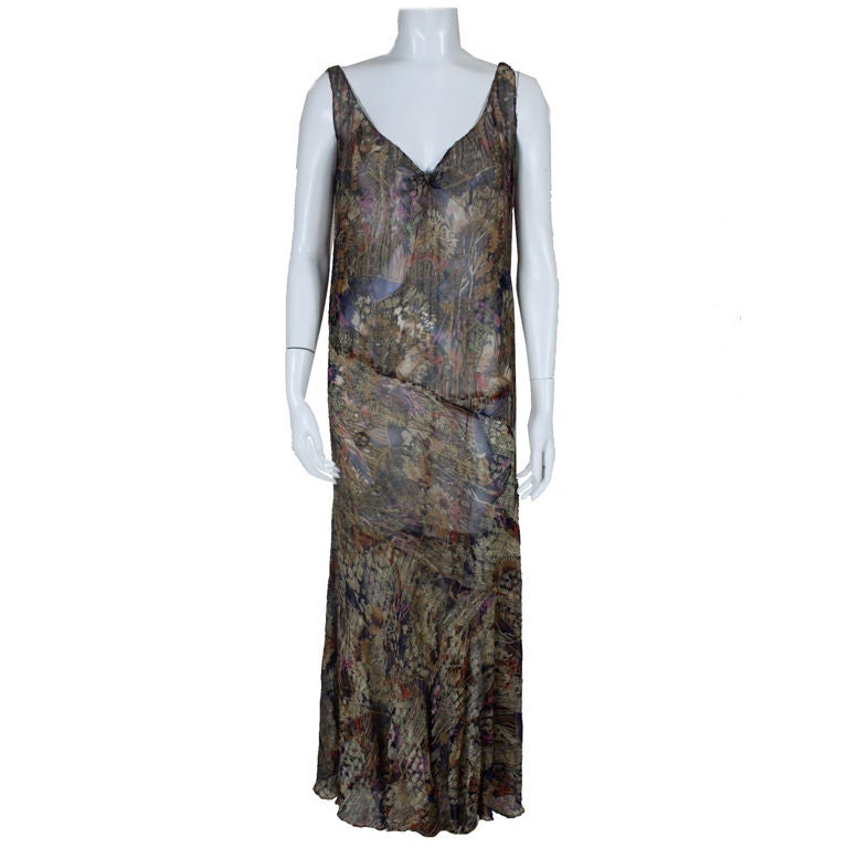 1920's Blue Floral French Silk Lamé Gown