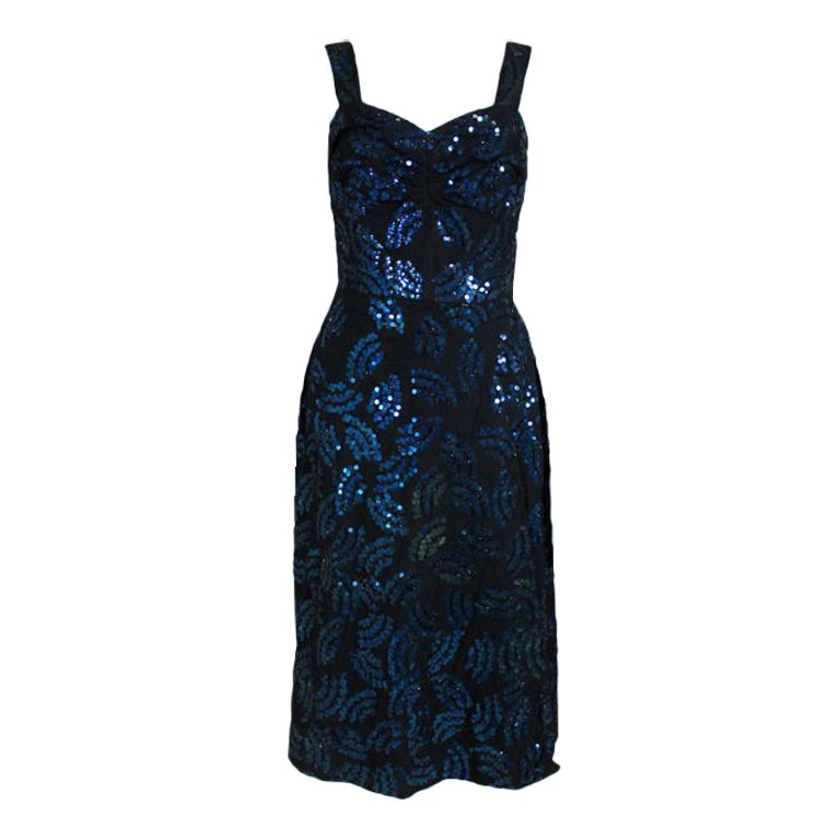 Adrian Midnight Blue Sequined Dress with Jacket For Sale