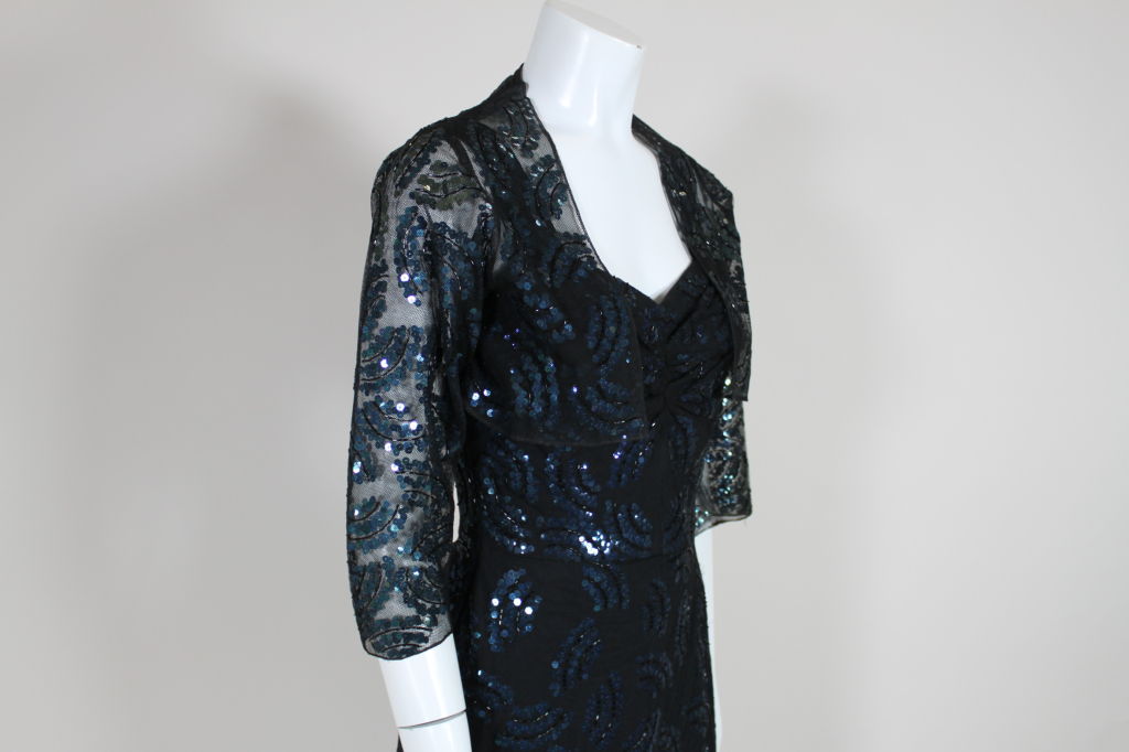 Adrian Midnight Blue Sequined Dress with Jacket For Sale 3