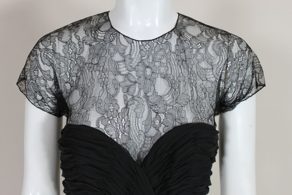 Black Oscar de la Renta Chiffon and Chantilly Lace Dress, 1980s   For Sale