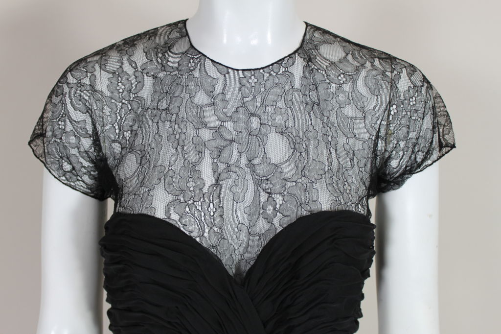 Black Oscar de la Renta Chiffon and Chantilly Lace Dress, 1980s For Sale