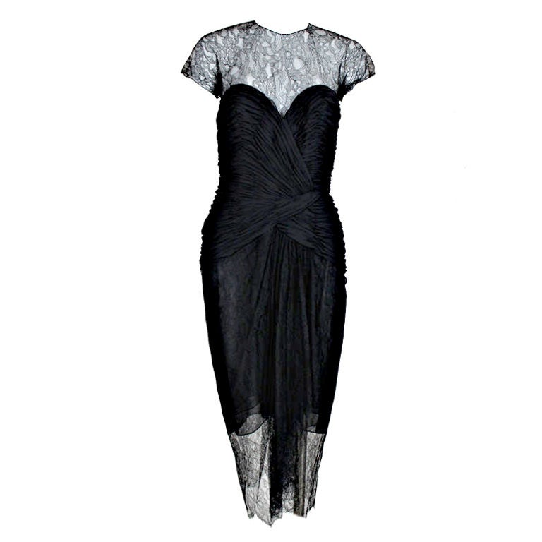 Oscar de la Renta Chiffon and Chantilly Lace Dress, 1980s   For Sale