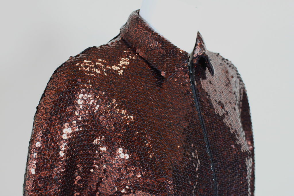 Halston 1980s Bronze Sequin Zip Jacket In Excellent Condition For Sale In Los Angeles, CA