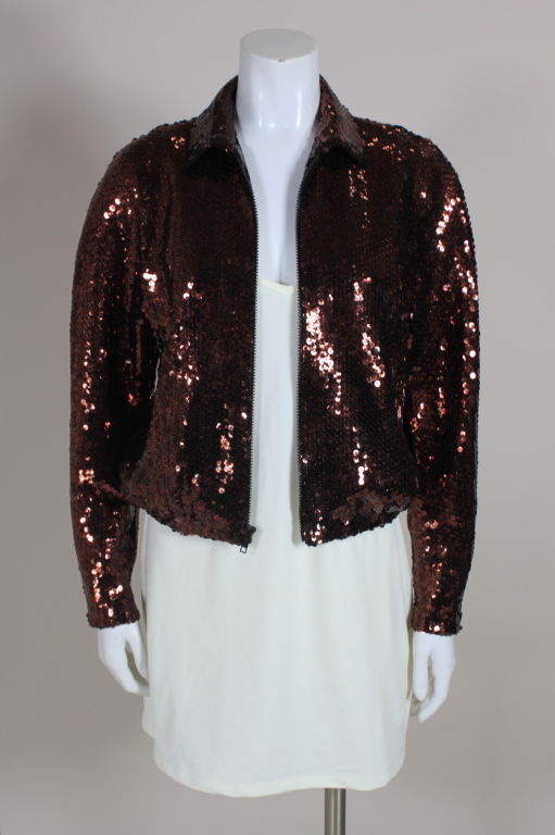 Halston 1980s Bronze Sequin Zip Jacket For Sale 4