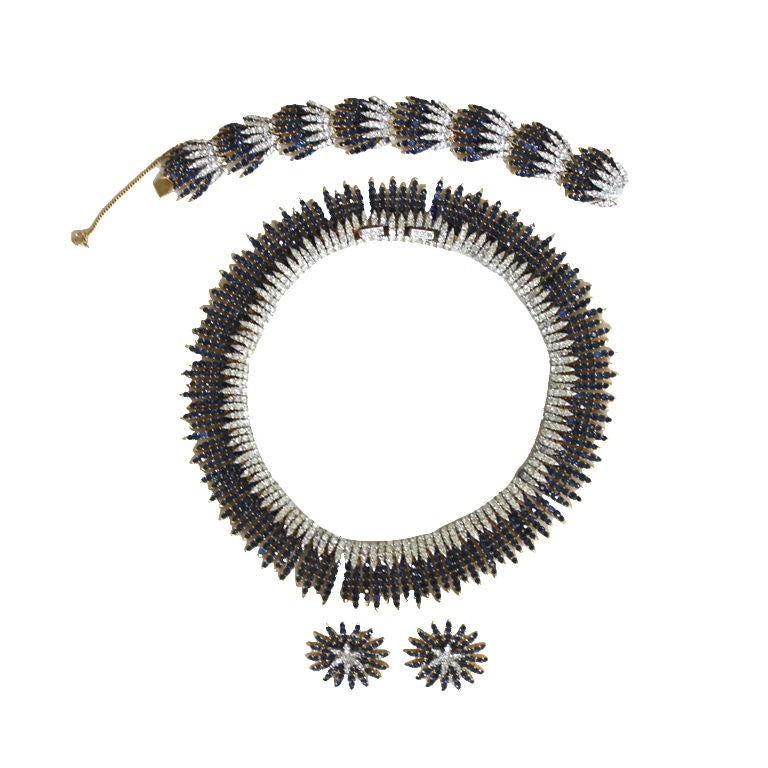 Trifari Blue Rhinestone Starburst Parure Set