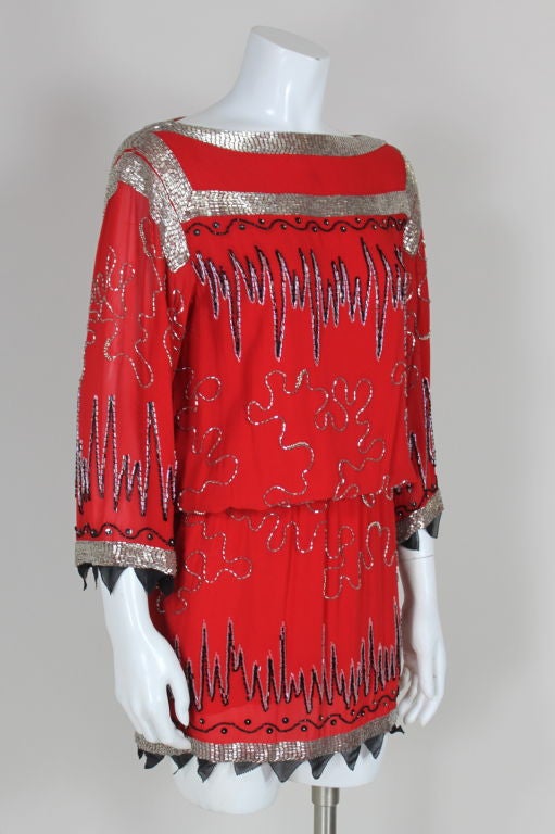 Fabrice Red Chiffon Beaded Dress with Blouson Detail