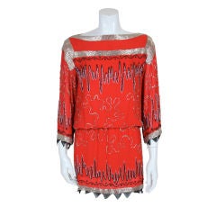 Fabrice Red Chiffon Beaded Dress with Blouson Detail