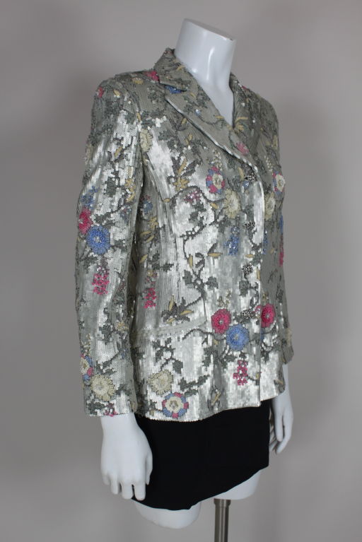 Gray Badgley Mischka Metallic Solid Sequined Evening Jacket