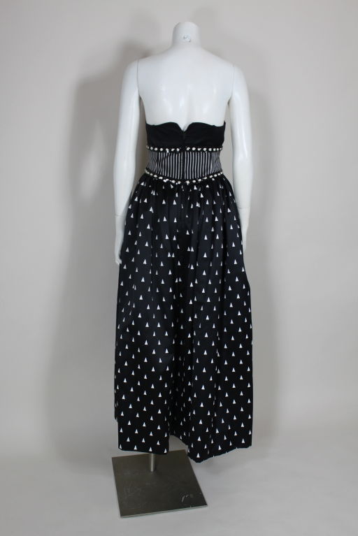 Geoffrey Beene 1980s Strapless Black Graphic-Print Satin Gown In Excellent Condition For Sale In Los Angeles, CA