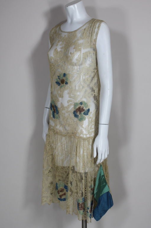 Gray 1920's Ecru Beaded Fillet Lace Dress For Sale