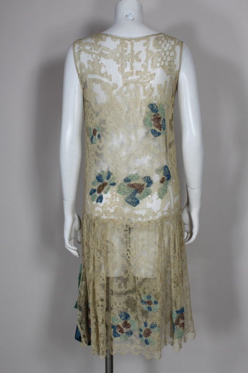 1920's Ecru Beaded Fillet Lace Dress For Sale 1