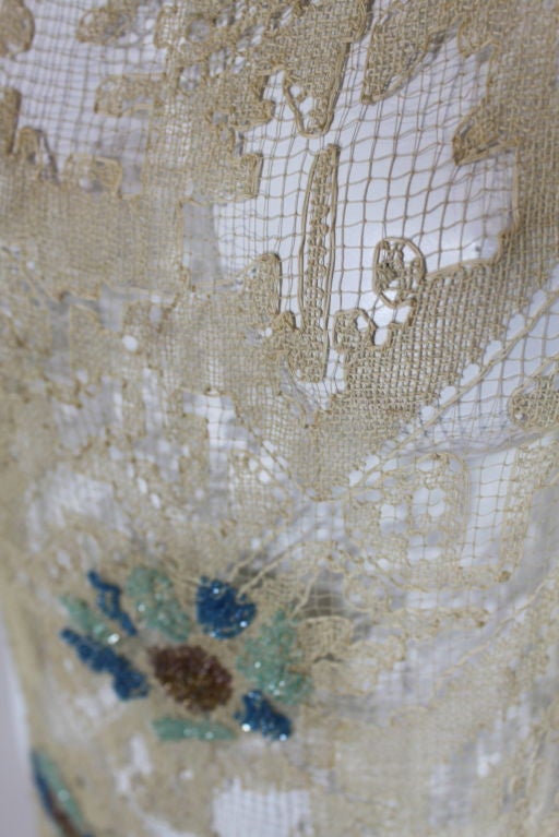 1920's Ecru Beaded Fillet Lace Dress For Sale 5