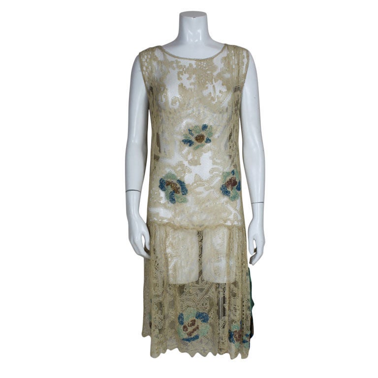 1920's Ecru Beaded Fillet Lace Dress For Sale